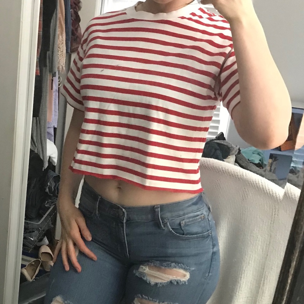 Red and white striped cropped shirt Size:S